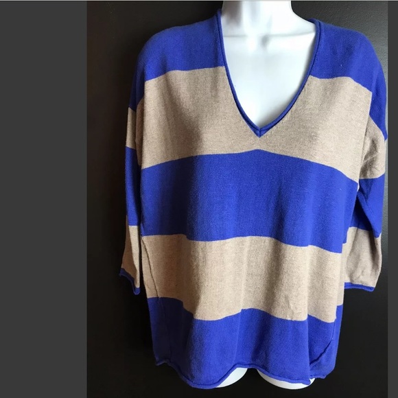 J.Crew WALLACE Winter Break Sweater Striped V-neck Knit Periwinkle Blue Tan - Picture 5 of 10